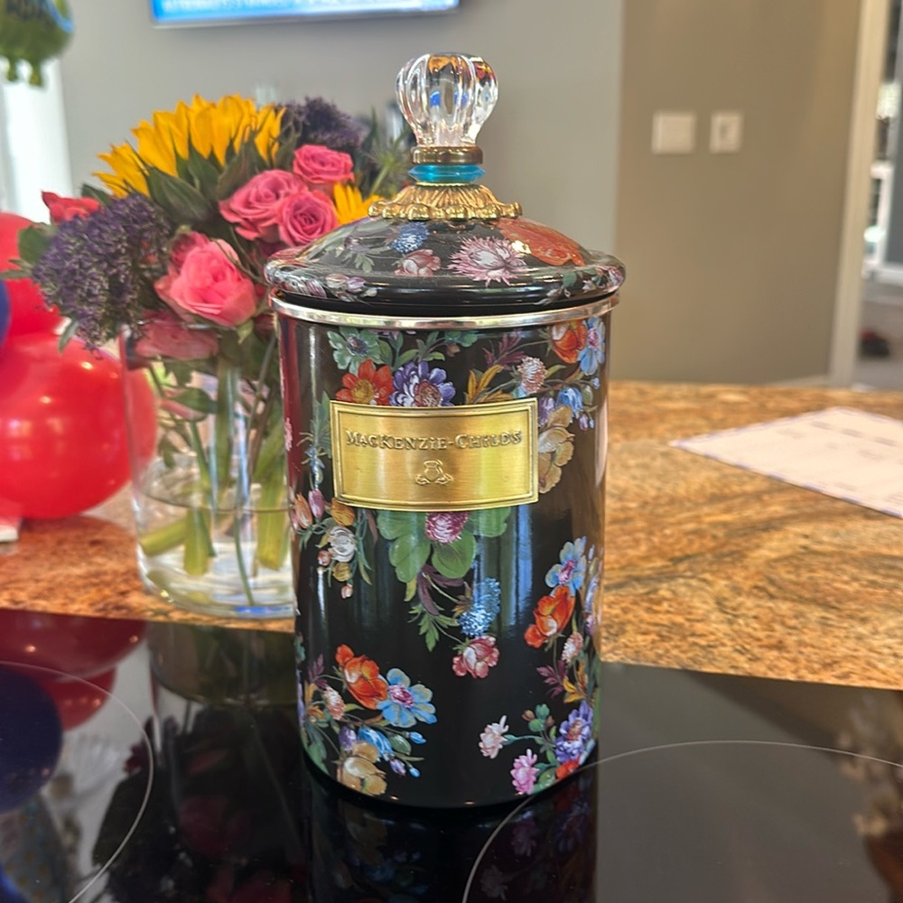 EUC large black floral Mackenzie Childs tea / sugar canister